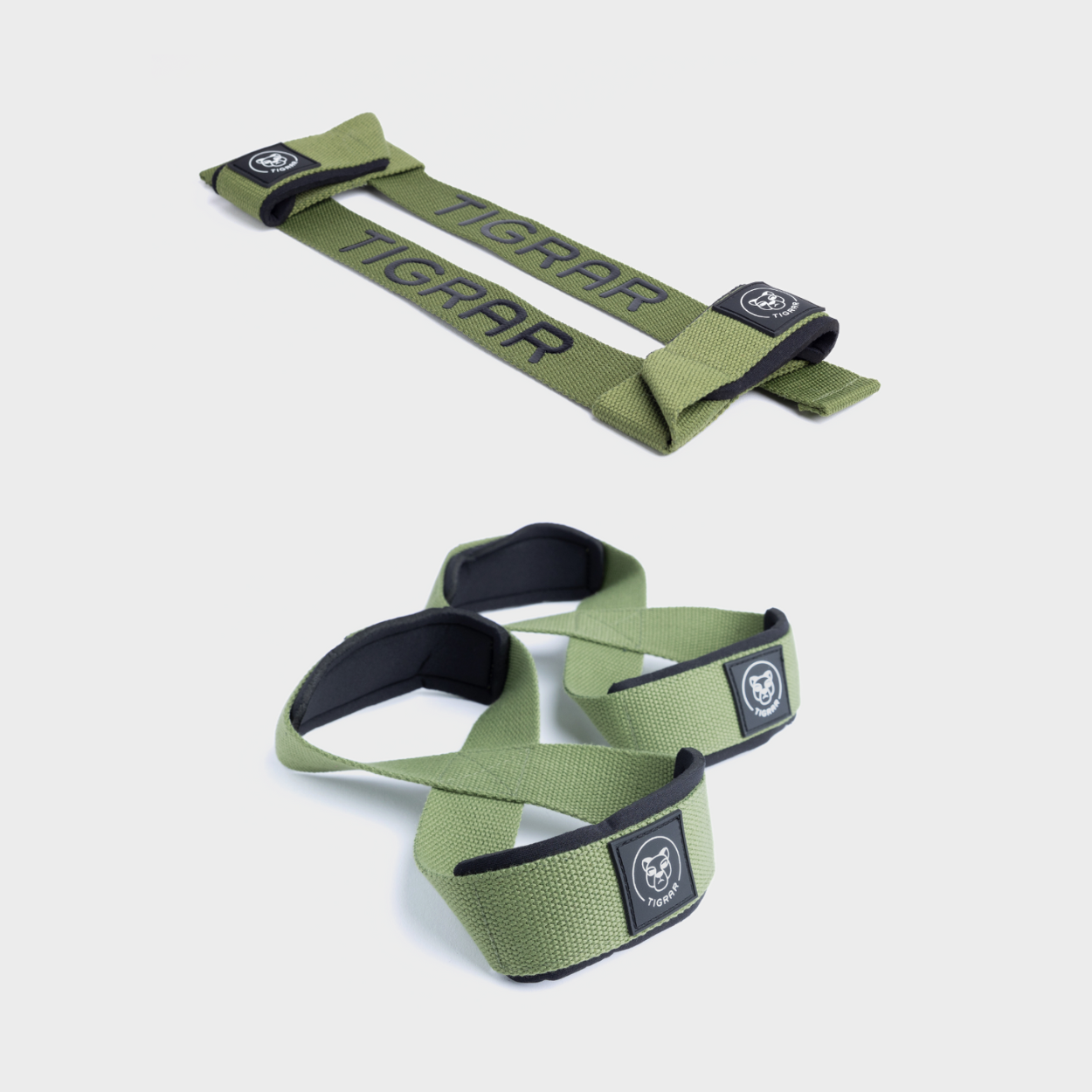 Groene lifting straps met groene figure 8 straps, biedt een uniforme en stevige grip voor weightlifting.