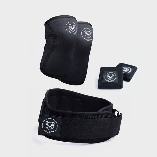 Tigrar lift and protect set met  lifting belt, knee sleeves en wrist wraps voor optimale ondersteuning en bescherming.