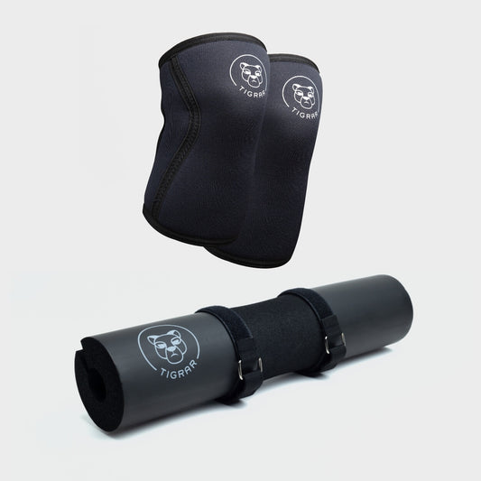 Een set van Tigrar zwarte knee sleeves en een bijpassende barbell pad. Klaar om elke workout naar een hoger niveau te tillen.