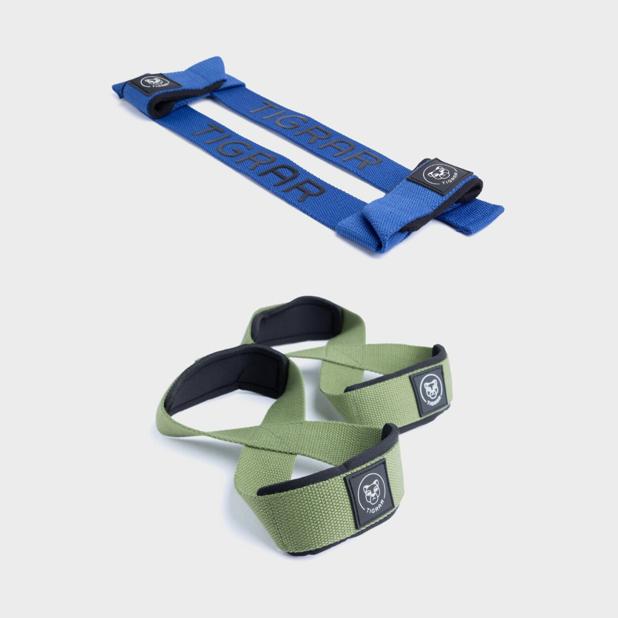 Groene figure 8 straps met blauwe lifting straps, voor een opvallende en comfortabele grip tijdens zware liften.